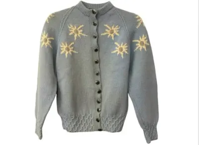 Sale Photo Thumbnail #148: Vintage light blue knit cardigan sweater featuring embroidered sunburst motifs and silver-tone metal buttons.
