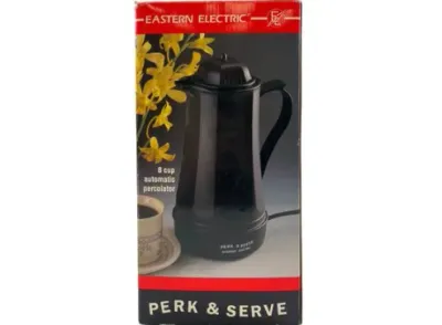 Sale Photo Thumbnail #133: Vintage Eastern Electric Perk & Serve 8-cup automatic percolator in its original box.