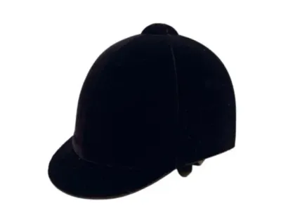 Sale Photo Thumbnail #91: Classic black velvet equestrian riding helmet with a short brim and top button, showing light wear.
