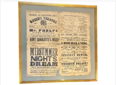 Sale Photo Thumbnail #78: Framed 19th-century theater broadside for Queen's Theatre, featuring productions of A Midsummer Night's Dream and Aunt Charlotte's Maid.