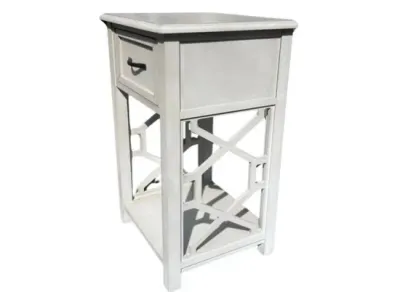 Sale Photo Thumbnail #41: Off-white modern accent table featuring a single pull drawer and geometric cutout side panels over a lower display shelf.