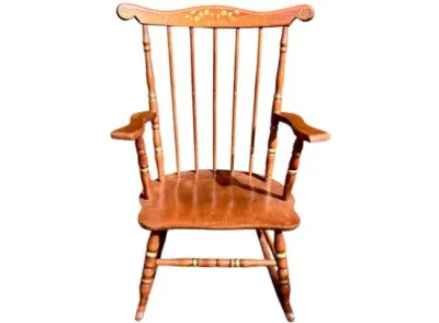Sale Photo Thumbnail #23: Vintage Nichols & Stone style wooden Boston rocking chair with gold stenciled floral details on the crest rail.
