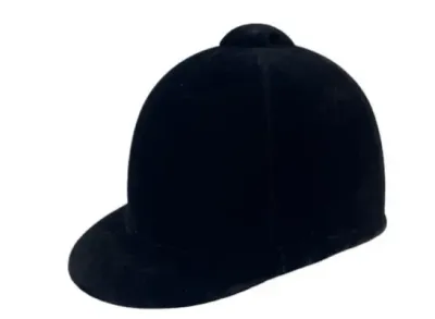 Sale Photo Thumbnail #90: Classic black velvet equestrian riding helmet with a structured brim and top button, in good condition.