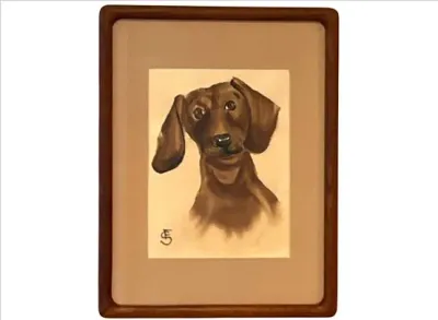 Sale Photo Thumbnail #75: Framed original portrait painting depicting a brown dachshund, signed with a monogram in the lower left, set in a wood frame with rounded corners.