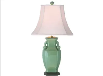 Sale Photo Thumbnail #62: Asian-style green celadon ceramic vase table lamp featuring ornamental side handles and a flared fabric shade.