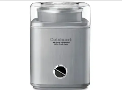 Sale Photo Thumbnail #132: Cuisinart 2-quart frozen yogurt, sorbet, and ice cream maker in brushed stainless steel finish with a clear lid.