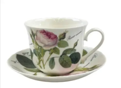 Sale Photo Thumbnail #113: Fine porcelain teacup and saucer set featuring a detailed botanical pink rose illustration with script lettering.
