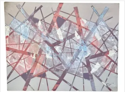 Sale Photo Thumbnail #70: Framed mid-century modern abstract canvas painting featuring geometric intersecting lines in muted grey, red, and blue tones, signed in the bottom right corner.