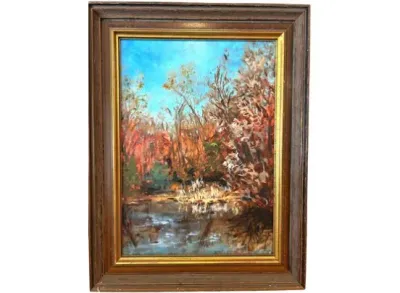 Sale Photo Thumbnail #73: Impressionist-style autumn landscape oil painting depicting trees by a pond, set in a layered wooden frame with gold trim.