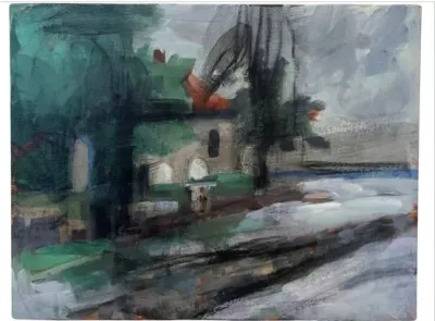 Sale Photo Thumbnail #71: Framed original impressionist landscape painting depicting a house surrounded by trees, executed with expressive brushstrokes in dark green, grey, and neutral tones.