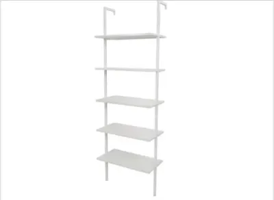 Sale Photo Thumbnail #172: Modern white five-tier wall-mounted ladder bookcase with metal support posts.