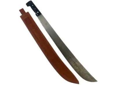 Sale Photo Thumbnail #96: Vintage steel machete with black composite handle scales alongside its matching embossed brown leather sheath.
