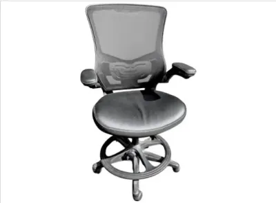 Sale Photo Thumbnail #28: Black ergonomic office drafting chair featuring a mesh backrest, padded seat, adjustable armrests, and an integrated foot ring.