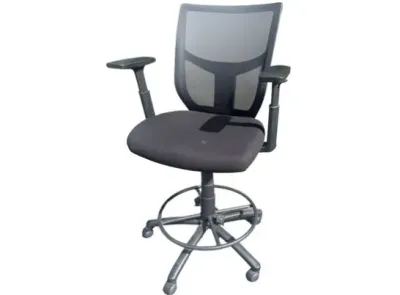Sale Photo Thumbnail #29: Modern black mesh drafting chair featuring adjustable armrests, a circular footrest ring, and a rolling five-star base.