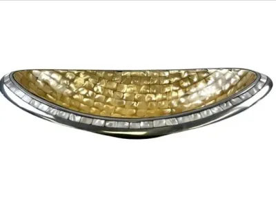 Sale Photo Thumbnail #108: Elongated boat-shaped decorative bowl with a mother-of-pearl tile mosaic interior and silver-tone metal border.