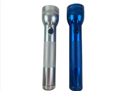 Sale Photo Thumbnail #196: Pair of Maglite heavy-duty aluminum flashlights, including one silver-tone and one blue anodized finish.