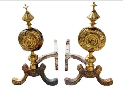 Sale Photo Thumbnail #46: Pair of antique ornate brass and wrought iron fireplace andirons featuring elaborate medallion centers and finials.