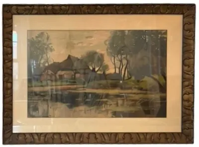 Sale Photo Thumbnail #81: Framed landscape art print featuring a countryside scene with houses and trees, housed in a carved wooden frame with a beige mat.