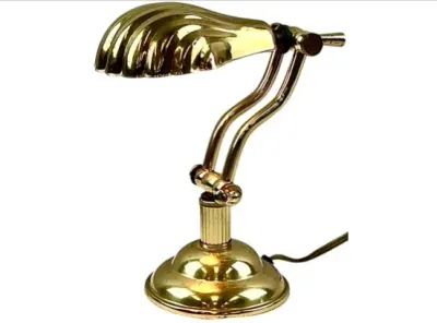 Sale Photo Thumbnail #69: Vintage brass shell-shade banker's desk lamp featuring an adjustable double-bar arm and fluted pedestal base.