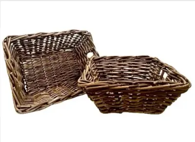 Sale Photo Thumbnail #180: Pair of rectangular dark brown woven wicker storage baskets with built-in side handles.