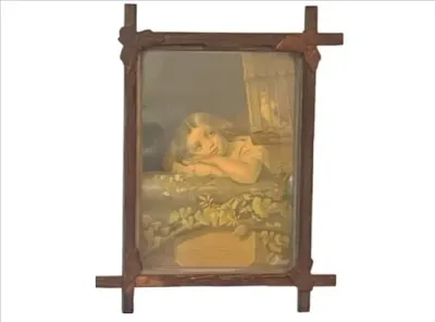 Sale Photo Thumbnail #80: Antique framed print depicting a young girl gazing at a bird in a cage, housed in a carved wooden Adirondack-style cross-corner frame.