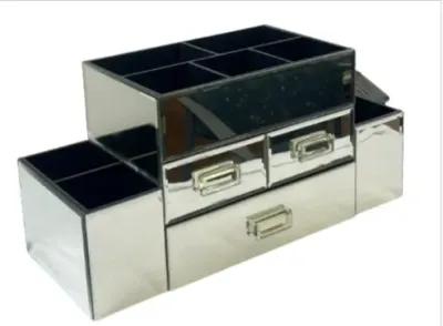 Sale Photo Thumbnail #178: Modern mirrored makeup or vanity organizer featuring multiple drawers with crystal-style handles, open top compartments, and side storage bins.