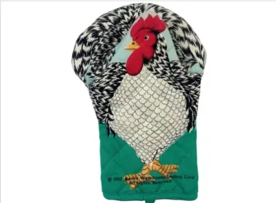 Sale Photo Thumbnail #103: Novelty rooster-shaped quilted oven mitt by Boston Warehouse Trading Corp, dated 1992.