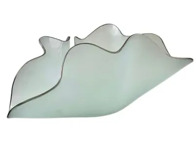 Sale Photo Thumbnail #109: Vintage white frosted art glass bowl featuring an organic handkerchief wave silhouette and dark metallic trim.