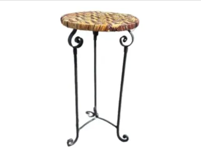 Sale Photo Thumbnail #39: Small plant stand featuring wrought iron scrollwork legs and a woven round top.