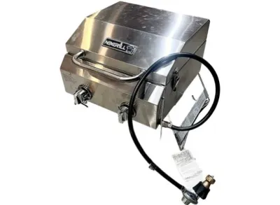 Sale Photo Thumbnail #32: Nexgrill portable stainless steel 2-burner tabletop propane grill with attached regulator and hose.