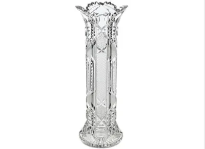 Sale Photo Thumbnail #9: Tall American Brilliant Cut Glass flower vase featuring complex geometric cuts, crosshatching, and a saw-tooth rim.