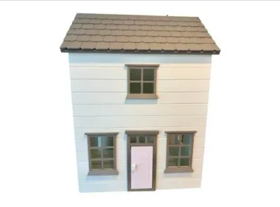 Sale Photo Thumbnail #35: Two-story wooden dollhouse with white siding, grey roof shingles, grey window trim, and a pink front door.