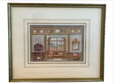 Sale Photo Thumbnail #79: Framed architectural interior illustration depicting an ornate traditional room, presented with multi-layered matting in an etched gold-finished frame.