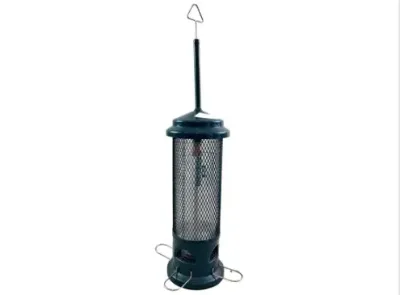 Sale Photo Thumbnail #195: Green and clear plastic cylindrical bird feeder with metal mesh sleeve and wire perches.