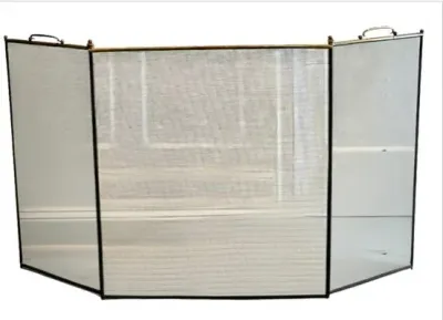 Sale Photo Thumbnail #47: Vintage three-panel folding brass fireplace screen with fine wire mesh and carrying handles.