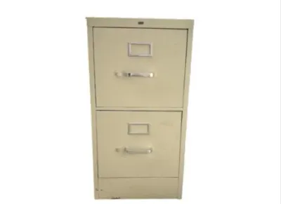 Sale Photo Thumbnail #198: Vintage beige two-drawer metal filing cabinet with silver-tone handles and label holders, showing minor surface wear.