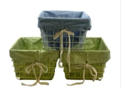 Sale Photo Thumbnail #177: Trio of wire storage baskets with removable gingham fabric liners and front ribbon ties.