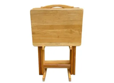 Sale Photo Thumbnail #137: Set of natural light wood folding TV tray tables stored on a matching rack.