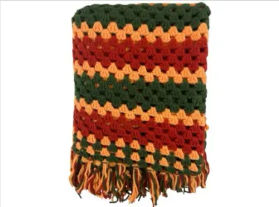 Sale Photo Thumbnail #138: Handmade crocheted granny square Afghan blanket with fringe in an autumn color palette of forest green, burnt orange, and deep red.