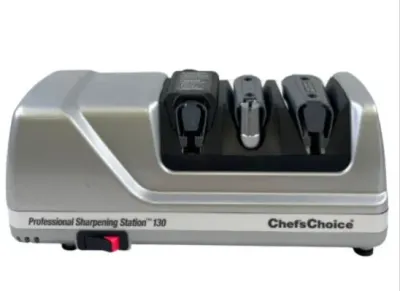 Sale Photo Thumbnail #121: Chef'sChoice Professional Sharpening Station 130 electric knife sharpener in silver and black casing.