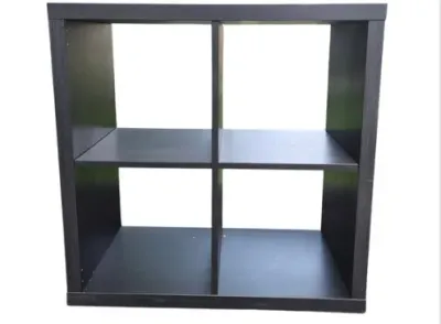 Sale Photo Thumbnail #184: Black-brown four-cube bookcase organizer in modern minimal style.