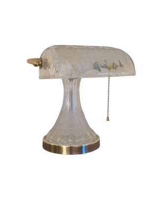 Sale Photo Thumbnail #4: Vintage clear glass banker's lamp featuring a textured shade, flared glass column, brass base, and pull chain switch.