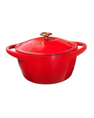 Sale Photo Thumbnail #6: Red enameled cast iron Dutch oven with lid and brass-toned knob handle.