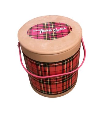 Sale Photo Thumbnail #5: Vintage Skotch Kooler metal picnic insulated bucket, featuring classic red tartan plaid patterning, tan trim, and a pink swinging handle.