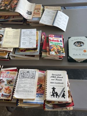 Sale Photo Thumbnail #30: Large assortment of vintage and modern cookbooks, including Betty Crocker booklets, community church spiral-bound recipe books, and celebrity chef titles.