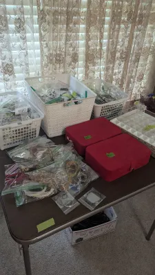 Sale Photo Thumbnail #19: Collection of bagged costume jewelry, plastic storage bins, red velvet jewelry cases, and a clear organizer tray arranged on a folding table.