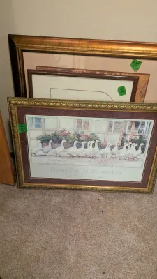 Sale Photo Thumbnail #38: Group of three framed wall art pieces, featuring a Dawna Barton watercolor poster of ducks in a gilded frame.