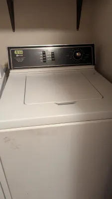 Sale Photo Thumbnail #31: Vintage white Maytag top-loading washing machine with a dark control panel, priced at $150.