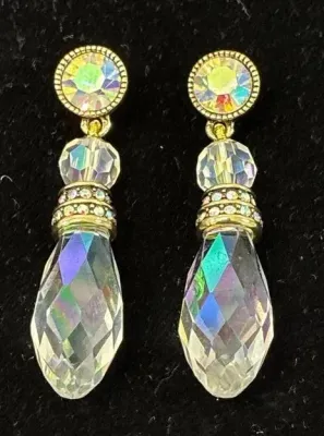 Sale Photo Thumbnail #9: Pair of vintage gold-tone dangle earrings featuring iridescent aurora borealis crystal beads and teardrop drops.