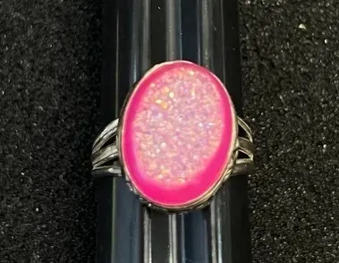 Sale Photo Thumbnail #12: Bright pink druzy quartz statement ring in a silver-tone metal setting with a split-shank band.